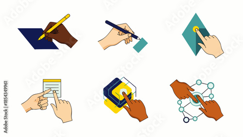 Collection of flat design icons depicting hands interacting with technology and digital interfaces, representing modern concepts.