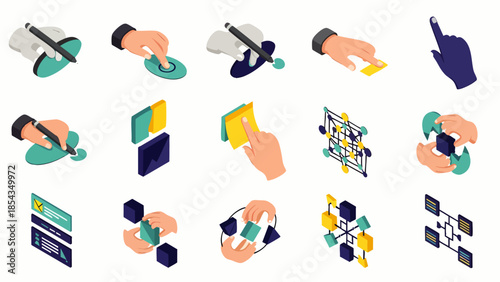 Isometric icons set representing digital design, technology, and data flow, including hands interacting with screens and abstract networks.