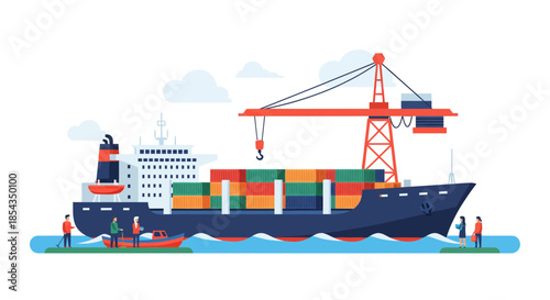 Cargo ship at port with containers being loaded by crane.