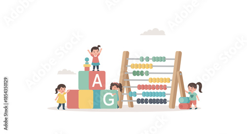 Children playing with blocks and abacus learning and having fun together in a colorful scene.