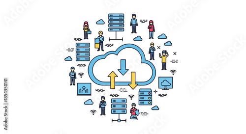 Cloud computing and data storage with people and servers illustration.