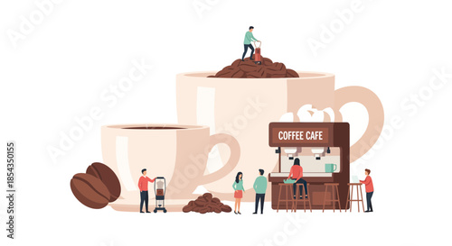 Coffee cafe scene with miniature people coffee beans and cups a delightful illustration.
