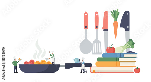 Cooking scene with chefs food books and kitchen utensils.