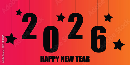 A vibrant new year celebration featuring the year 2026 and festive stars