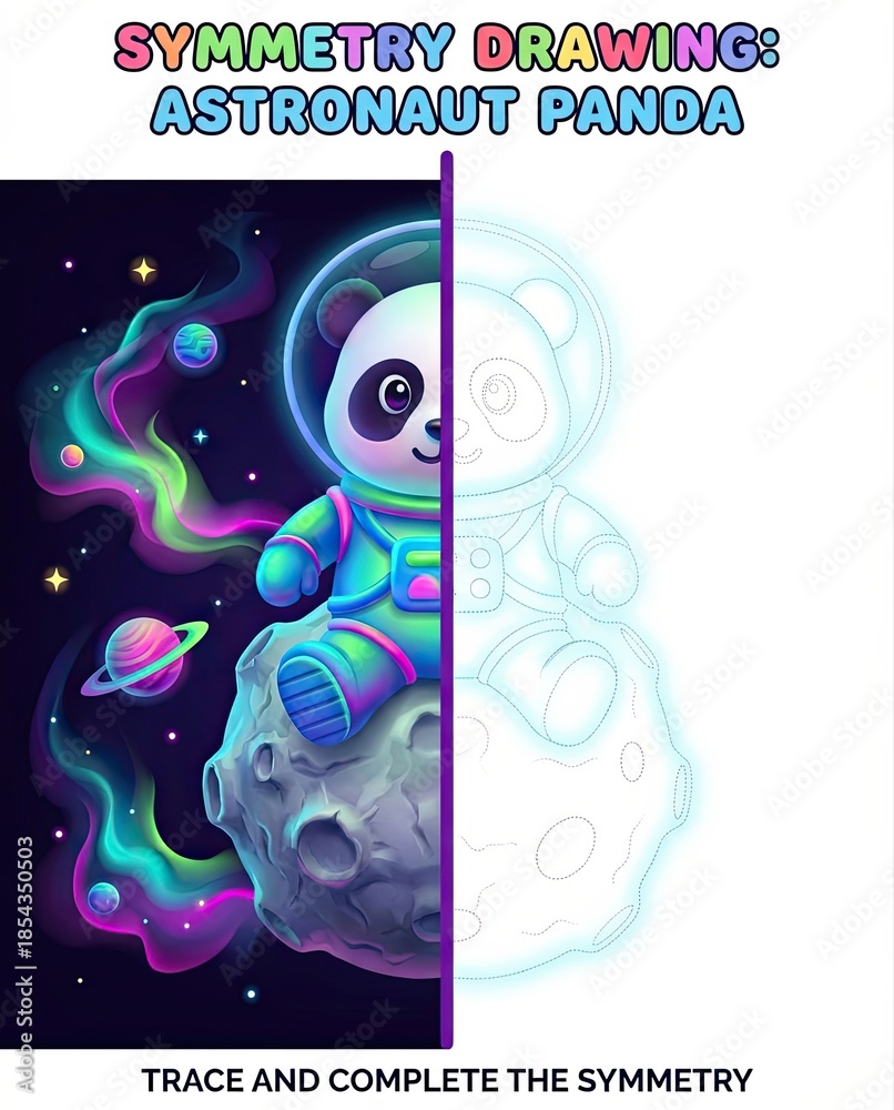 Fototapeta premium Interactive Symmetry Drawing Activity with Astronaut Panda in Space