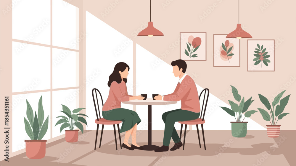 Fototapeta premium Couple having coffee together in a cozy cafe with plants around them