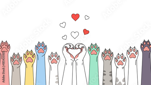 Group of cats with paws raised together forming a heart shape in the center surrounded by floating hearts