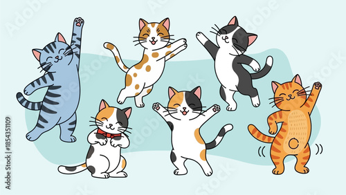 Playful cats dancing together in a lively illustration with various colors and patterns