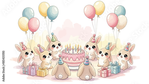Bunnies Celebrate Birthday with Cake and Balloons in a Joyful Scene