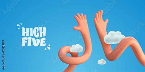 High Five Teamwork Success Concept With Cartoon Hands In Motion On Blue Background. Positive Emotion, Collaboration And Motivation Ideas. High Five Gestures. Vector Illustration