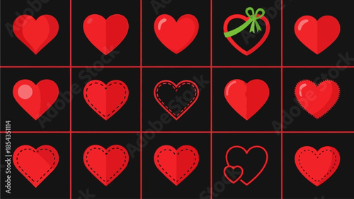 A grid of red hearts illustration on a black background with varying designs and a gift icon