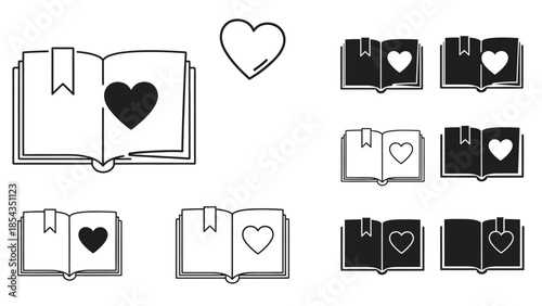 A collection of minimalist illustrations featuring open books with hearts, showcasing various designs and monochromatic color schemes.