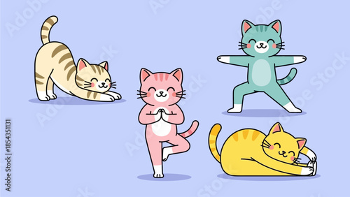 Four cartoon cats practicing yoga poses on a light blue background