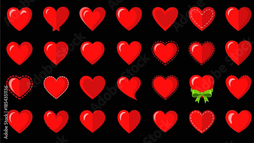 Red hearts with a single green bow on a black background