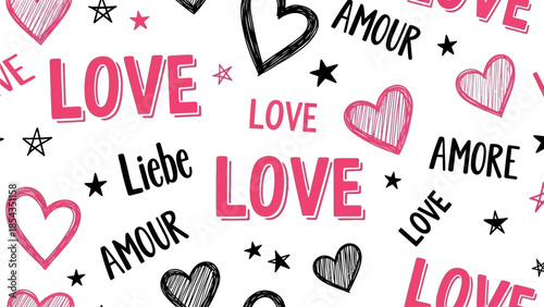 A vibrant pattern of love-themed illustrations featuring hearts and stars on a white background