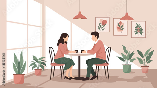 Couple having coffee together in a cozy cafe with plants around them