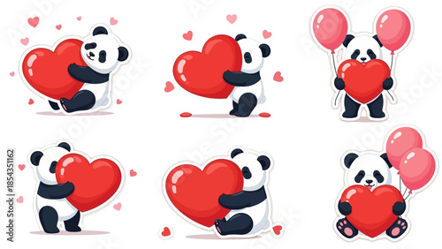 Panda bears holding hearts and balloons in various playful poses