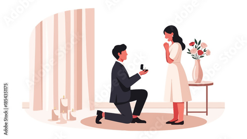 Man kneeling on one knee proposing to woman in elegant white dress indoors with flowers nearby