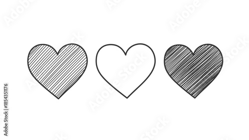 Three hearts with different shading patterns are displayed side by side on a plain white background