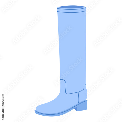 Blue block heel knee-high boot women flat pair. Tall shaft with chunky heel for city, seasonal wardrobe. Technical fashion illustration CAD mockup smooth vector men unisex isolated glamorous style