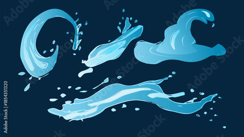 Dynamic liquid water splash with falling droplet, crashing sea wave and swirling eddies. For advertising web design or marketing visuals. Vector illustration.