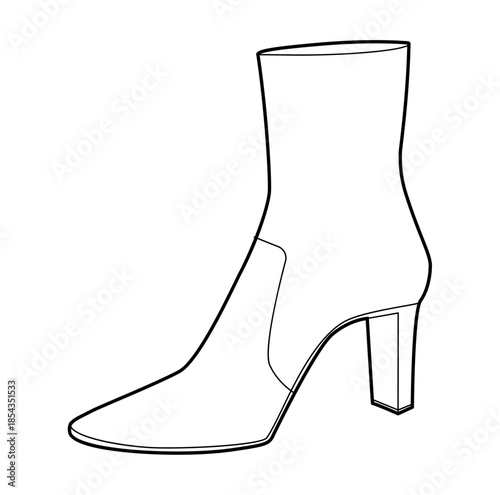 Seamed block heel ankle boot women single line pair. Stitched detail with chunky sole cold weather aesthetic. Technical fashion illustration CAD mockup clean vector men unisex isolated classic style