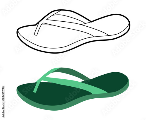 Green flip flop sandal shoe women flat plus line set. Classic thong beach footwear for travel holiday project. Technical fashion illustration CAD mockup mixed vector man unisex isolated stylish style.
