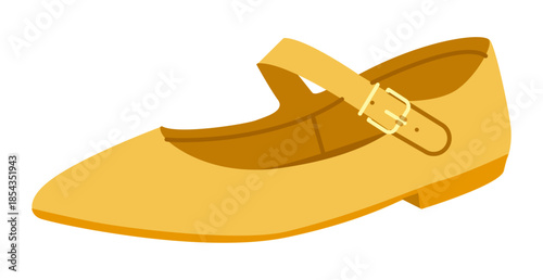 Yellow Mary Jane flat shoe women flat. Strap front pointed toe footwear for spring outfit playful wardrobe. Technical fashion illustration CAD mockup smooth vector man unisex isolated trendy style.