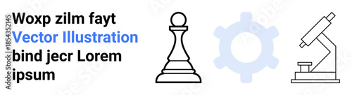 Education, strategy, science, research, teamwork, and innovation. Chess pawn, gear icon microscope with text on a white background. Education and strategy concept