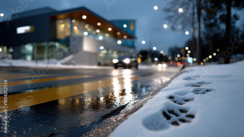 A tranquil winter city scene captures snowy footprints on the road, illuminated by city lights, creating contrast against the sleek, modern architecture in the background.
