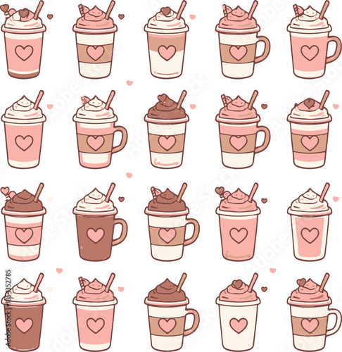 Valentine Day coffee cups set - pink beverages with whipped cream, chocolate drinks topped with heart decorations and couple straw, layered lattes. Romantic cafe collection with love themed mugs
