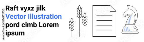 Business strategy, agriculture, documentation, planning, competition, productivity. Chess knight, wheat and paper elements displayed. Business strategy and agriculture illustrated