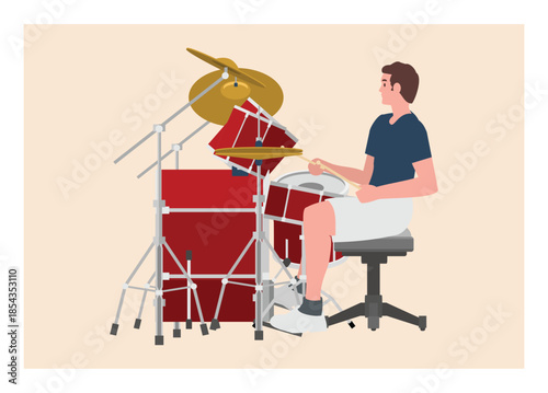 Young man playing drum. Simple flat illustration.