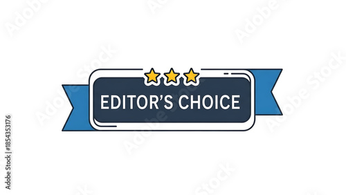 Editor's choice award ribbon badge with three yellow stars and dark blue rectangle for text