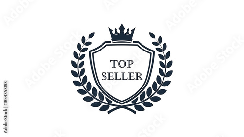 Premium dark blue heraldic crest badge with laurel wreath and crown, signifying top seller status, excellence and achievement in business or sales