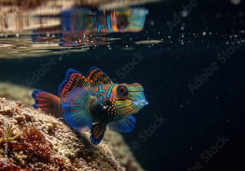 Vibrant mandarin fish swimming near coral reef underwater