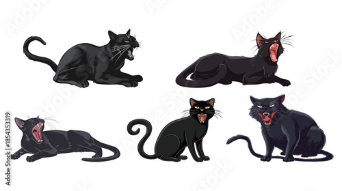 Black cat hissing aggressively, spooky Halloween animal portrait, dark gothic mood isolated on black background