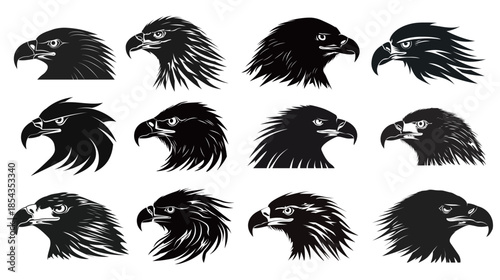 Black eagle head silhouette vector, bold wildlife bird emblem, powerful predator symbol isolated on white background