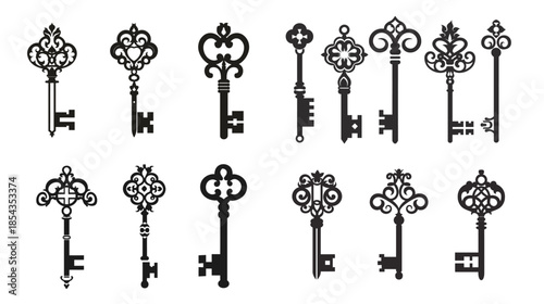 Black silhouette illustration of vintage antique keys set, retro classic key vector