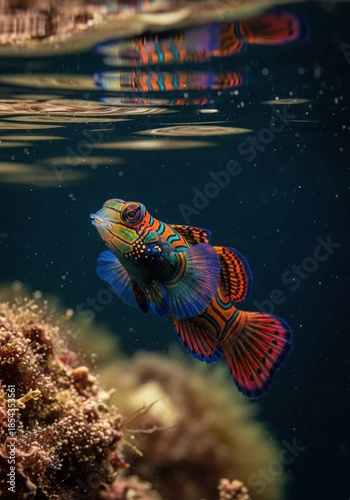 Vibrant mandarin fish swimming underwater near coral reef ecosystem