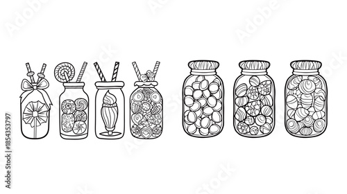 Bold and easy medicine bottle decorated like a candy jar coloring page illustration, cute medical themed outline with thick simple lines, printable black and white coloring sheet for kids and adults