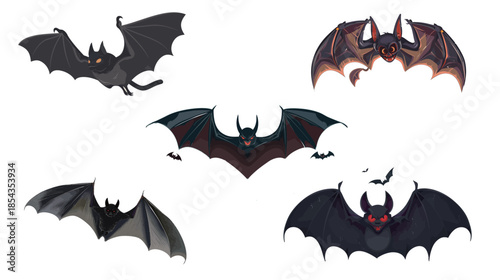 Vampire bat flying through the air with outstretched wings, dark fantasy creature illustration symbolizing mystery and night, spooky yet playful airborne animal concept for Halloween and gothic themed