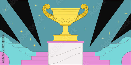 Luxury Gold Achievement Trophy Award on Marble Platform with Dramatic Lighting