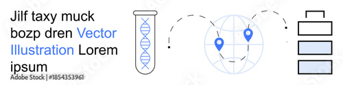 Biotechnology, global connectivity, navigation, data analysis, mapping, research visualization. Test tube with DNA, globe with pinpoints simple chart. Biotechnology and global connectivity concept