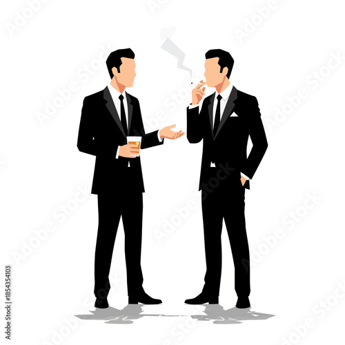 two businessmen in black suits and ties standing and talking to each other