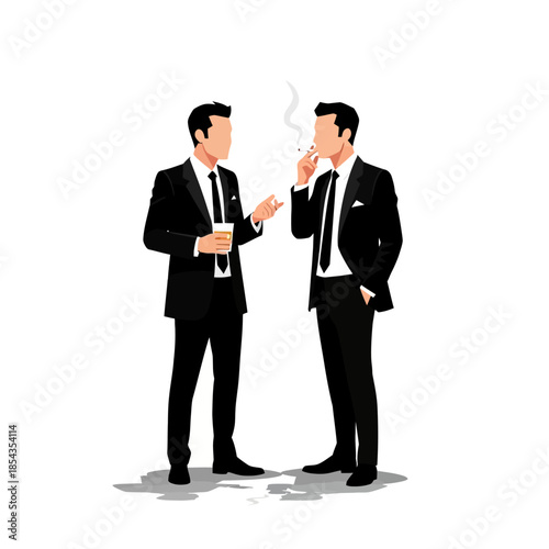two businessmen in black suits and ties standing and talking to each other