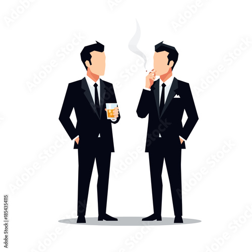 two businessmen in black suits and ties standing and talking to each other