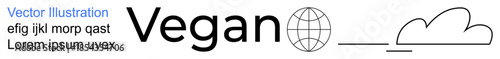 Sustainability, eco-friendly lifestyle, plant-based diets, vegan ideology, environmental awareness, minimalism. Design elements include Vegan, a globe icon, and a minimalist cloud illustration