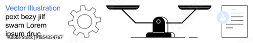 Legal systems, technology integration, decision balance, workflow, business management, fairness. Black scale with equal sides, gear symbol document with user profile. Law and technology integration