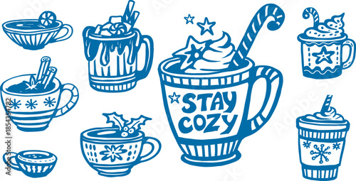 Hand drawn mugs with hot winter drinks